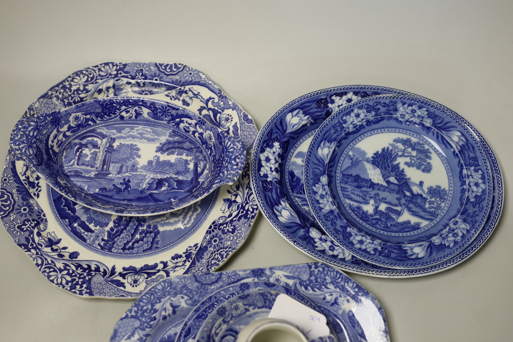 A small collection of Spode 'Italian' blue stamp (one black stamp) and two plates of Wedgwood 'Fallow Deer'